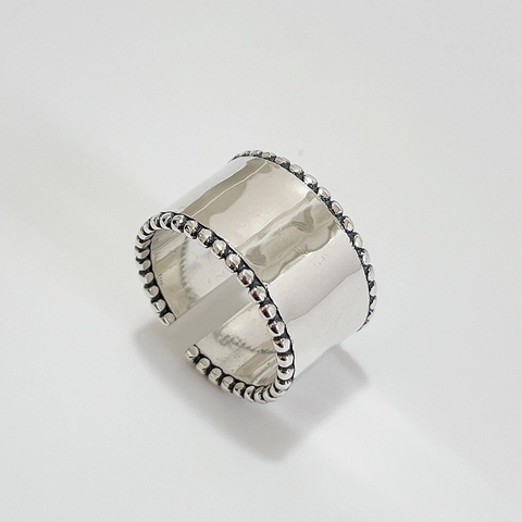 Anello In Argento Sterling 925 Fascia Larga Bordo Perlato Aperto Regolabile Vintage Minimalista Gioielli Geometrici Donna