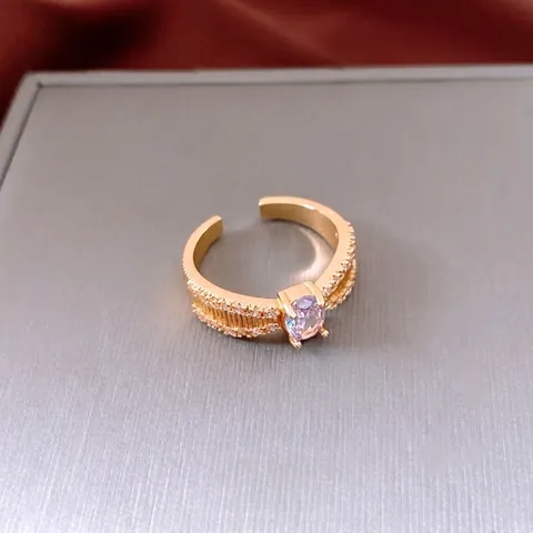Anillo Abierto De Cobre Y Circón Para Mujer Estilo Retro Francés Ajustable Piedra Violeta Ovalada Joyería De Moda