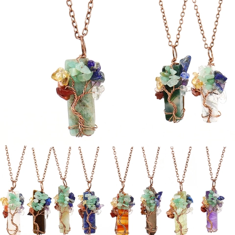 Tree Of Life Pendant Necklace Natural Stone Irregular Crystal Bar Wire Wrapped Crushed Stones Bohemian Vintage Handmade For Women