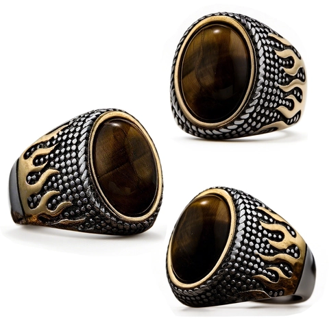 Men Retro Signet Ring Stainless Steel Tiger Eye Stone Flame Pattern Relief Punk Rock Style Jewelry For Male