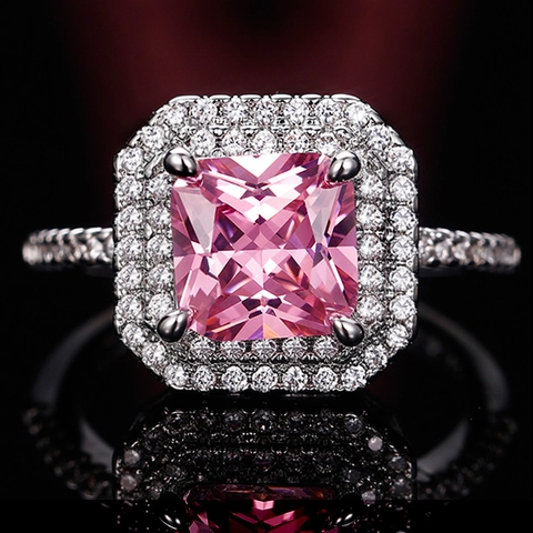 Luxuriöser Ring Mit Rosa Eckigem Zirkonia Doppel-Halo Kupfer Pavé-Band Eleganter Hochzeitsschmuck Für Damen