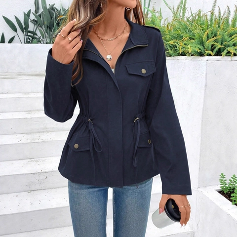 Women Utility Jacket Polyester Long Sleeve Drawstring Waist Solid Color Cargo Coat Flap Pockets Casual Outerwear