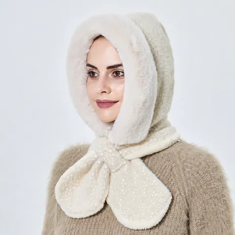 Sciarpa Con Cappuccio Peluche Cappello Integrato Pelliccia Sintetica Antivento Inverno Caldo Pois Protezione Orecchie Donne