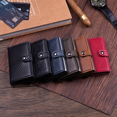 PU Leather Aluminum Alloy RFID Blocking Automatic Pop-up Card Holder Slim Minimalist Business Wallet