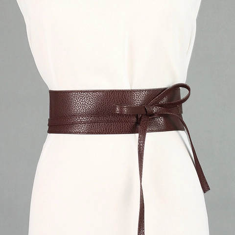 Women Synthetic Leather Obi Belt Lychee Texture Wrap Around Corset Belt Bow Tie Wide Waistband Dress Accessories