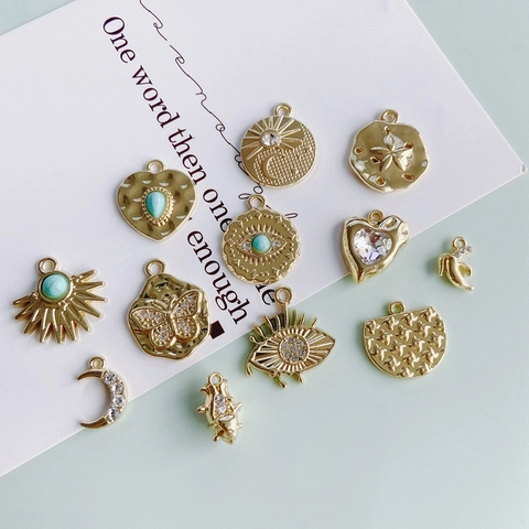 DIY Lega Charms Ciondoli Creazione Gioielli Strass Zircone Malocchio Cuore Luna Sole Placcato Oro