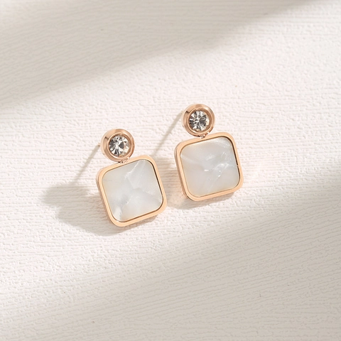 Square Stud Earrings Titanium Steel With Mother Of Artificial Pearl Inlay And Zirconia Elegant Minimalist Jewelry For Women