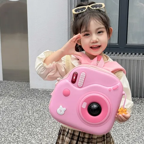 Camera Shaped Kids Backpack EVA Hard Shell LED Light Waterproof Cute Toddler Kindergarten Bag Novelty Flower Charm