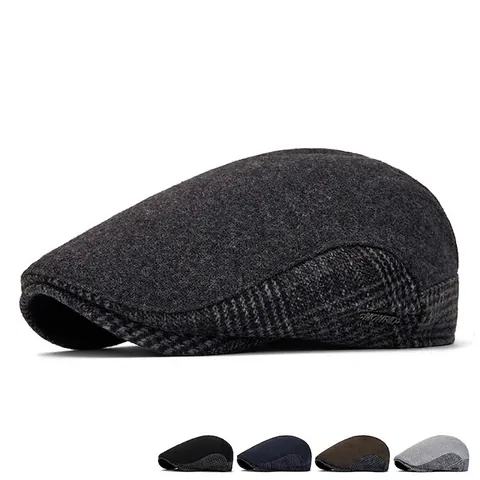 Herren Retro Schiebermütze Wollmischung Warm Winter Ballonmütze Plüschfutter Britischer Stil Verstellbare Schirmmütze Karo