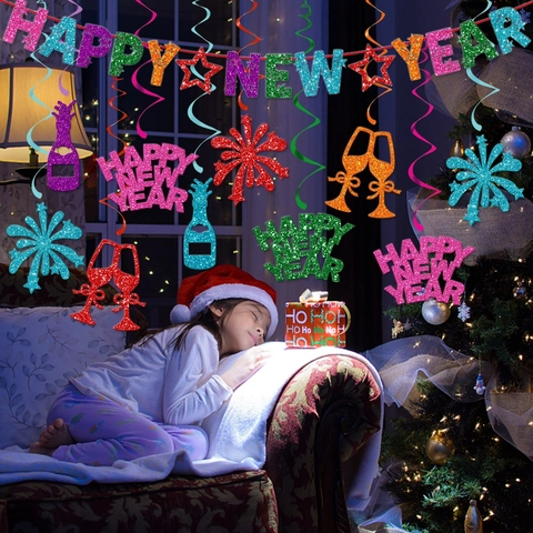 Bannière Happy New Year Et Ornements Suspendus En Spirale Papier Pailleté Pour Décoration De Fête 2026 Coloré