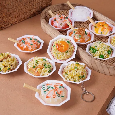 Miniature Simulation Food Keychain PVC Fried Rice Noodles Model Bag Hanging Ornament Novelty Gift