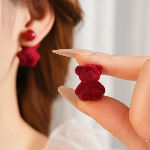 Cute Red Flocking Bear Stud Earrings With 925 Sterling Silver Earring Post Unique Velvet Animal Design For Women