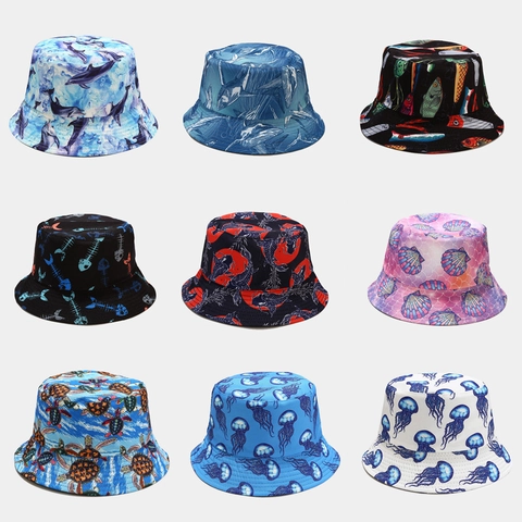 Omkeerbare Vissershoed Polyester Dubbelzijdig Zeedieren Haai Kwal Print Zonbescherming Strandmuts Voor Dames Heren