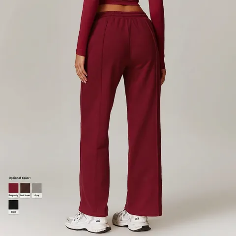 Pantalones De Chándal De Pierna Ancha Mujeres Cintura Alta Mezcla De Algodón Cordón Con Pliegues Verticales Casuales