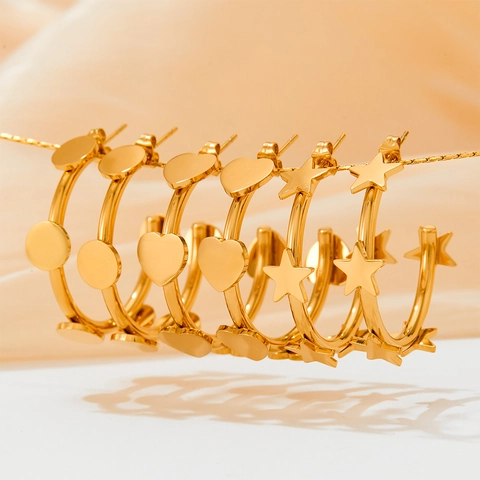 Oorbellen Ringen Roestvrij Staal Verguld Ster Hart Ronde Bedeltjes C-Vorm Geometrie Mode Sieraden Voor Dames