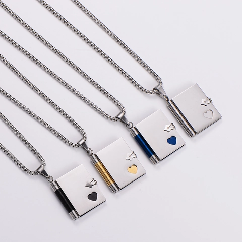 Collana Medaglione Libro Acciaio Inossidabile 316L Pendente Cuore Traforato Apribile Catena Maglione Vintage Gioielli