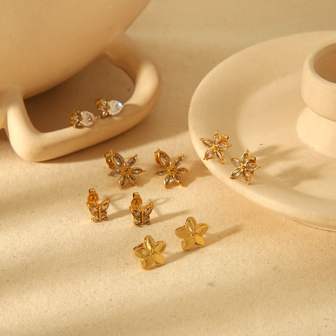 Butterfly Flower Star Heart Stud Earrings 18K Gold Plated Stainless Steel Cubic Zirconia Elegant Fashion Jewelry For Women