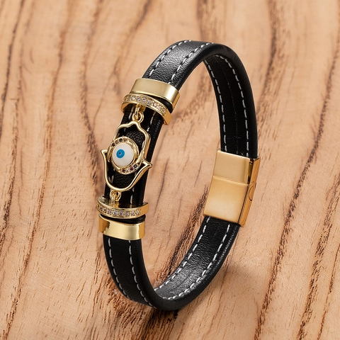 Evil Eye Leather Bracelet With Stainless Steel Magnetic Buckle Punk Hamsa Hand Jewelry For Men And Women
