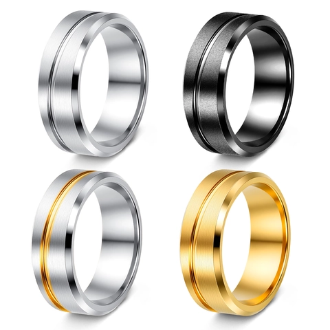 Heren Band Ring Roestvrij Staal Geborsteld Mat Oppervlak Gegroefd Ontwerp Minimalistische Mode Sieraden
