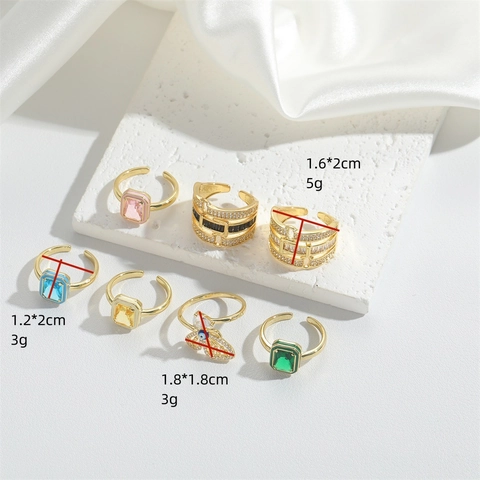 Anello Regolabile In Rame Con Zircone Quadrato Geometrico Smalto Zirconia Colorata Gioielli Dito Aperto Donna Minimalista