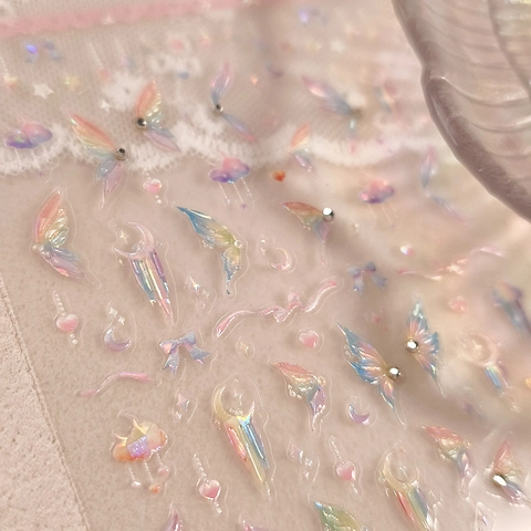 3D Embossed Nail Art Stickers Laser Holographic Rainbow Butterfly Star Moon Iridescent Adhesive Decals DIY Manicure