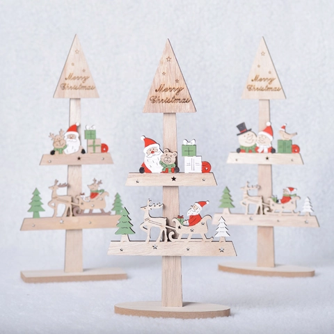 Décoration De Table Arbre De Noël En Bois Assemblage Peint Père Noël Renne Bonhomme De Neige Fête