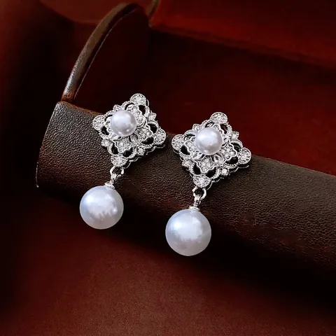 Retro French Rhombus Hollow Zircon Faux Artificial Pearl Drop Earrings With 925 Sterling Silver Earring Post Elegant Wedding Jewelry