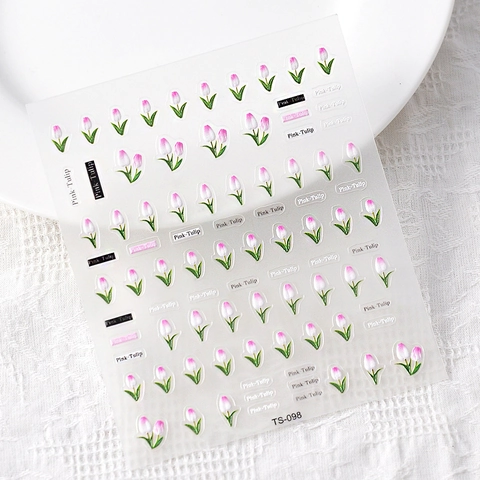 Stickers Ongles Relief 5D Tulipe Rose Fleur Texture Imperméable Autocollant Manucure Décalcomanies Décoration DIY