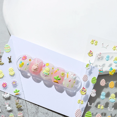3D Reliëf Nagelkunst Stickers Pasen Konijn Eieren Kuiken Patroon Zelfklevende Dunne Manicure Decals DIY Decoratie
