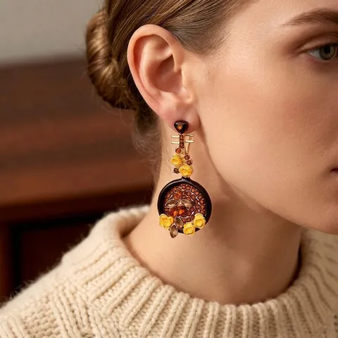 Orecchini Pendenti Strumento Musicale Pipa Vintage Lega Smalto Fiore Strass Con Perno In Argento Per Donna Gioielli Eleganti