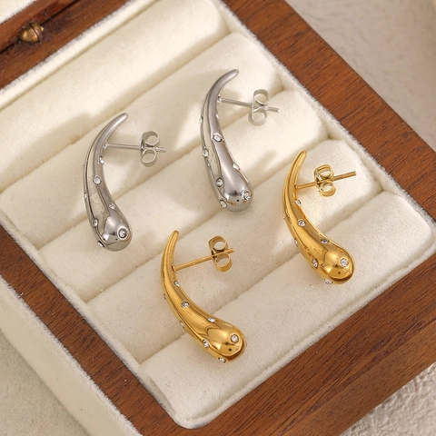 Edelstahl Ohrstecker Mit Zirkonia Wassertropfen Fließende Linie 18K Vergoldet Einfache Mode Für Damen