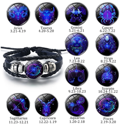 Pulsera Constelación Zodíaco Cuero Trenzado Multicapa Luminoso Brillo Nocturno Vidrio Cabujón Amuleto Ajustable Unisex