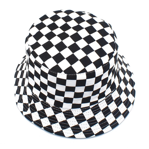 Unisex Cotton Checkerboard Bucket Hat Black And White Plaid Sun Protection Fisherman Cap Outdoor Foldable Beach Sun Hat