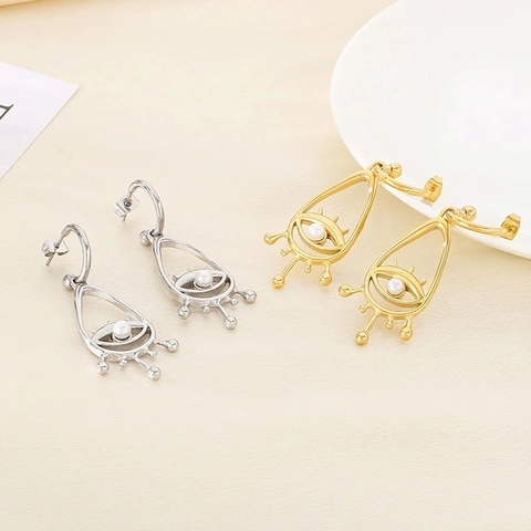 Pendientes Colgantes Ojo Turco Acero Inoxidable Concha Perla Artificial Estilo Bohemio Étnico Joyería Para Mujer Elegante Oro