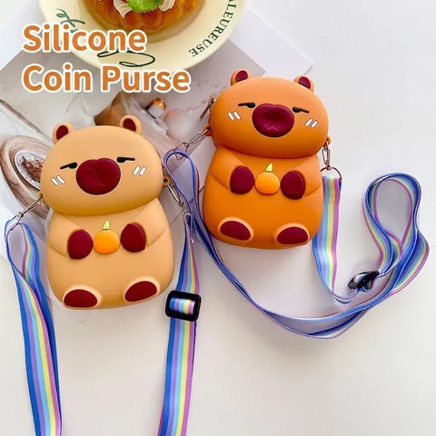 Capybara Shape Silicone Mini Crossbody Bag Cute Animal Coin Purse With Adjustable Rainbow Strap For Girls Kids