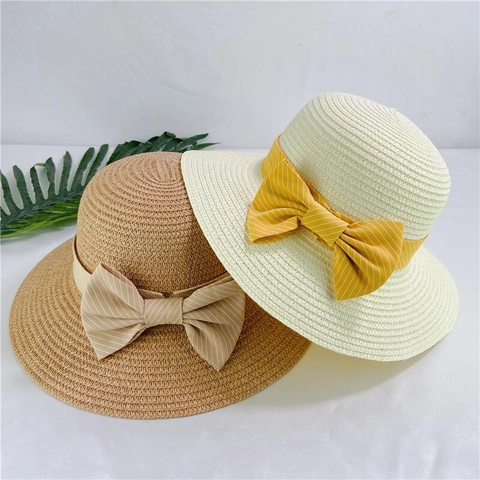 Women Straw Sun Hat Large Brim Summer Beach Breathable Bowknot Ribbon Elegant Pastoral Style Foldable Travel Cap