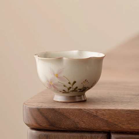 Hand Painted Ceramic Teacup Bud Shape Ash Glazed Floral Patterns Kung Fu Tea Tasting Cup Vintage Style