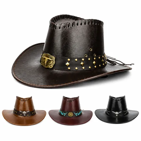 Vintage Faux Leather Western Cowboy Hat With Bull Head Metal Decoration Rivet Belt Wide Brim Sun Hat For Outdoor Men Women