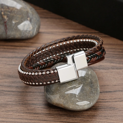 Herren Geflochtenes Lederarmband Mehrlagig Edelstahl Perlen Magnetverschluss Mode Casual Schmuck