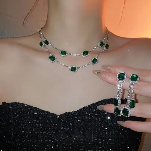 Emerald Green Gemstone Jewelry Set Alloy Rhinestone Double Layer Necklace Earrings With 925 Sterling Silver Earring Post