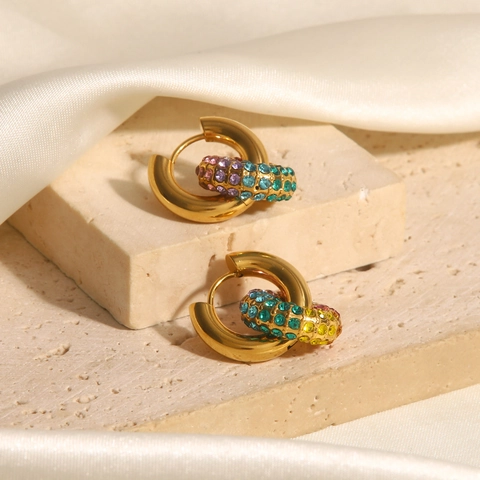 18K Vergulde Roestvrijstalen Regenboog Strass Oorringen Voor Dames Mode Donut Cirkel Oorbellen Sieraden Cadeau