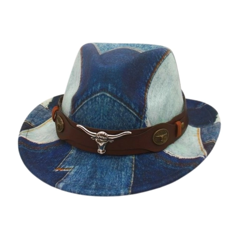 Cappello Da Cowboy Western Bambini Denim Patchwork Cotone Poliestere Retro Palcoscenico Con Testa Di Toro In Metallo Fascia Pelle