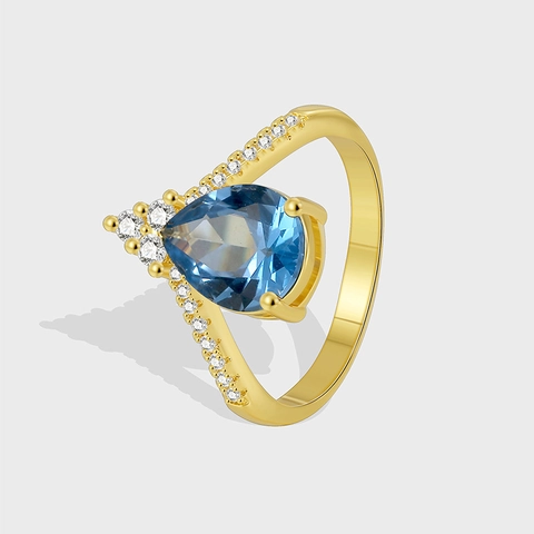 French Vintage Water Drop Blue Zirconia Ring For Women Gold Plated V Shaped Brass Finger Ring Luxury Jewelry Gift