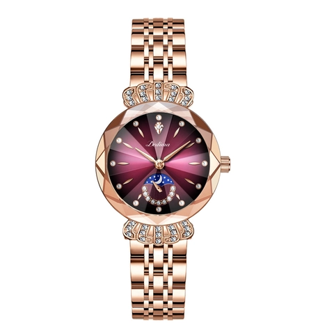 Montre À Quartz Mode Femmes Phase De Lune Étanche Acier Inoxydable Bracelet Cuir Strass Luxe Élégante Couronne