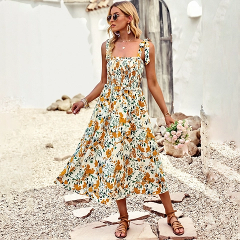 Women Summer Midi Dress Sleeveless Smocked High Waist A-Line Printed Spaghetti Strap Vacation Boho Casual Polyester