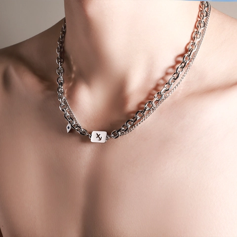 Zodiac Constellation Signs Pendant Necklace With Rhinestone Stainless Steel Double Layered Chain Punk Jewelry For Men