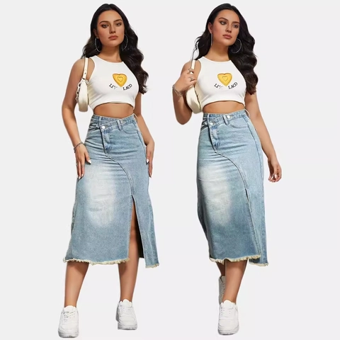 Women Cotton Denim Midi Skirt High Waist Asymmetric Waistband Front Slit Frayed Raw Hem Light Blue Washed Casual Streetwear