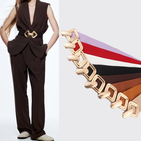 Cinturón Elástico Ancho Para Mujer Tela Elástica Hebilla Metal Aleación Geométrica Cuero PU Accesorio Vestido Decorativo Adelgazante