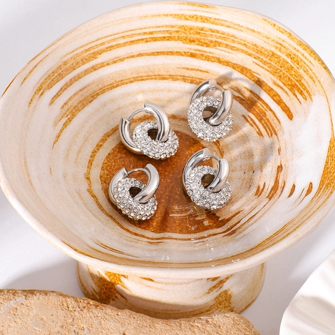 Dubbele Hoop Oorbellen Roestvrij Staal 18K Verguld Strass Afneembaar Geometrisch Ins Stijl Voor Dames