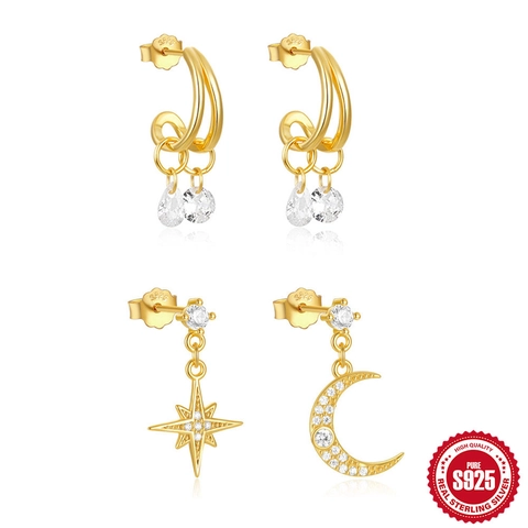 925 Sterling Silver Zirconia Star Moon Asymmetric Stud Earrings Gold Plated Double Ring Water Drop Dangle Earrings Women Jewelry